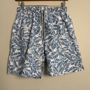 Michaels Swim Trunks Blue Leaf Print Drawstring Waist Beach Shorts S